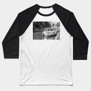 Front on view of holiday boat moored up on the Norfolk Broads Baseball T-Shirt